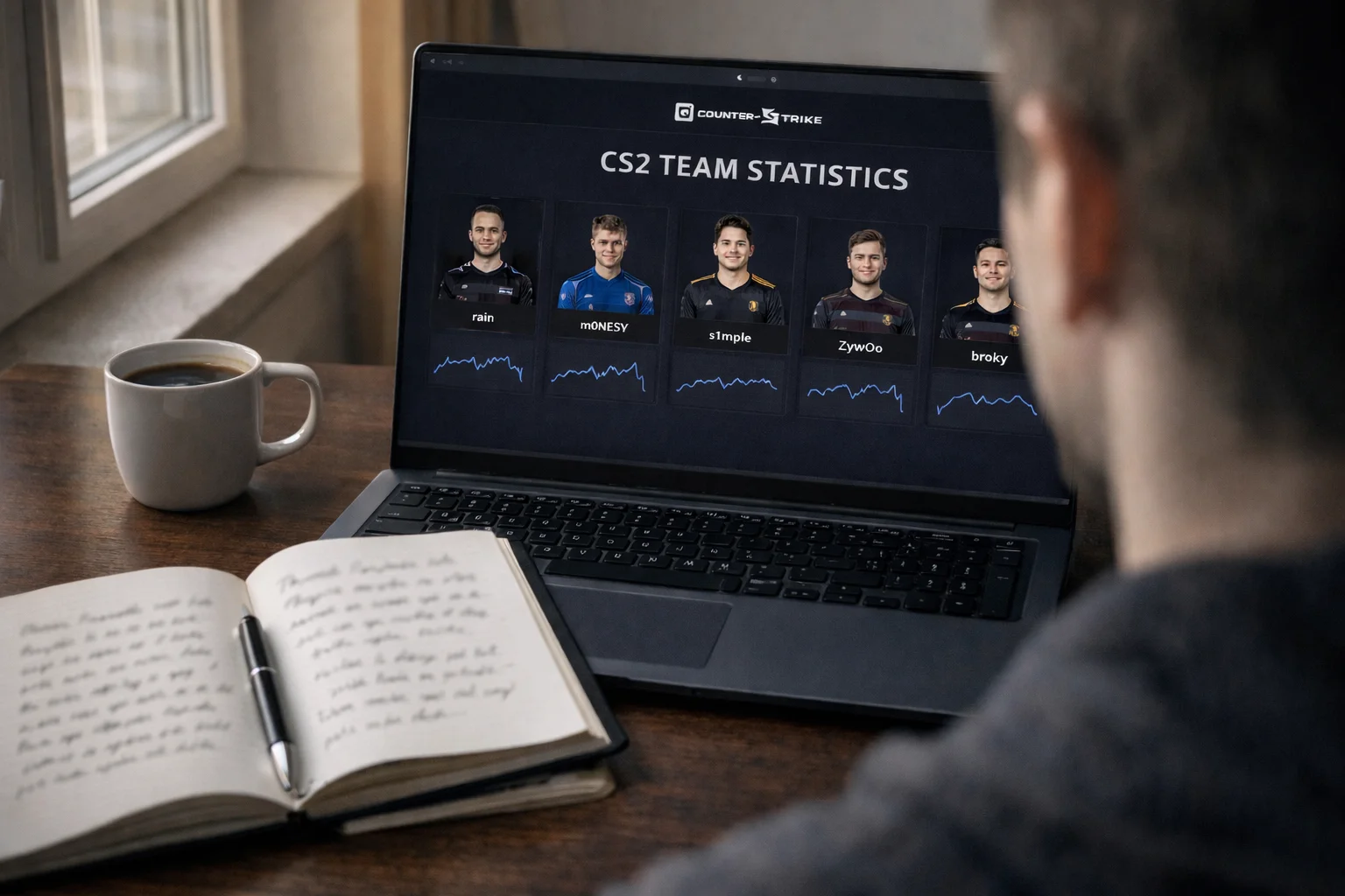 Person analysiert CS2-Teamdaten und Statistiken am Laptop