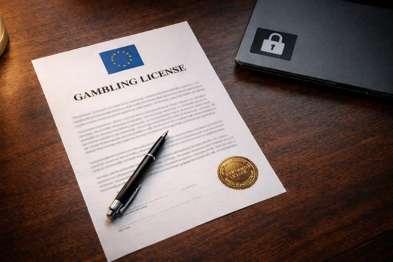 Dokument mit EU-Glücksspiellizenz und Sicherheitssiegel für Wettanbieter