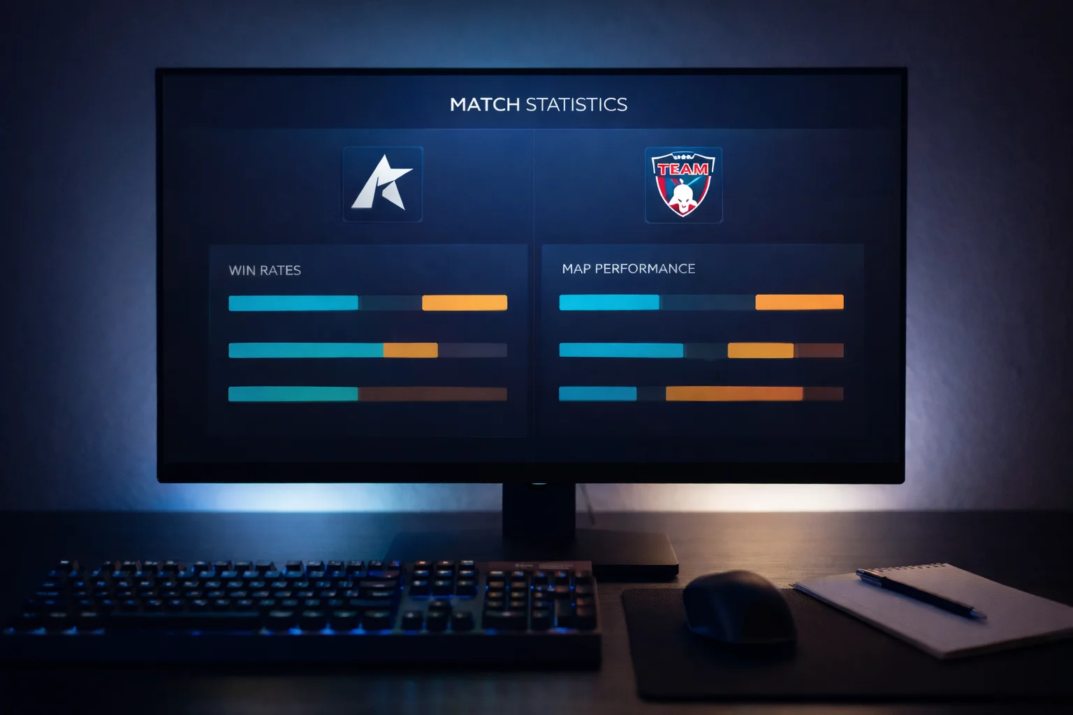 CS2-Match-Analyse mit Teamstatistiken auf einem Bildschirm